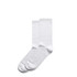 Two pairs of white business socks, featuring a smooth texture and mid-length design, with a logo on one pair.