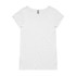 A white T-shirt with a scoop neckline and short sleeves, featuring a logo on the label.