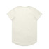 A plain cream T-shirt featuring a rounded hem and short sleeves, displaying a logo on the back.