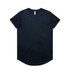 A black t-shirt with a curved hem and a tag in the collar, featuring a branding logo.