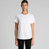 A white t-shirt with a relaxed fit and short sleeves, featuring a subtle logo.