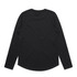 A long-sleeve black T-shirt with a rounded hem and a plain back, featuring a logo.