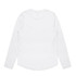 A long-sleeve white t-shirt with a curved hem and a logo on the back.