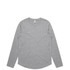 A long-sleeve grey T-shirt with a rounded hem and a logo on the label.