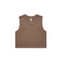 A brown crop tank top with a relaxed fit. It features a rounded neckline and has a branding logo.