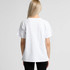 A white t-shirt with a relaxed fit, featuring short sleeves and a simple design, displayed from the back.