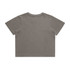 A cropped, faded t-shirt in olive green with a simple, unadorned back. It features a branding logo.