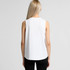 A white singlet tank top with a rounded hem and no sleeves, featuring a branding logo on the back.