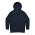 A dark navy hoodie featuring a front pocket and a drawstring hood. It has a branding logo.