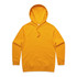 A bright yellow hoodie with a spacious front pocket and an adjustable drawstring hood. It features a logo.