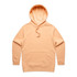 A peach-coloured hoodie with a kangaroo pocket and a drawstring hood, featuring a logo.
