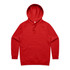A red hoodie featuring a spacious front pocket and a drawstring hood. It has a logo on the front.