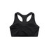 A black athletic bra top with a racerback design and a logo on the back.