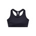 A black sports crop top with a racerback design and a small logo on the front.