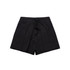 A pair of black sports shorts with an elasticated waistband and drawstring, featuring a logo.