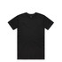 A black t-shirt with a round neck and short sleeves, featuring a logo on the interior label.