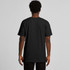 A black t-shirt is displayed, featuring a standard crew neckline and short sleeves. The back view shows a minimal design with a logo.