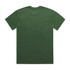 A green t-shirt featuring a plain back design and a logo.