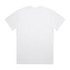 A plain white T-shirt featuring a crew neckline and short sleeves, with a logo on the back.
