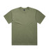 A faded green t-shirt with a round neck, short sleeves, and a branding logo.