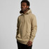 A beige hoodie with a front pocket and drawstring hood, featuring a logo.