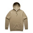 A khaki hoodie featuring a front pocket and a drawstring hood. It has a logo on the front.