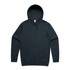 A dark navy hoodie featuring a front pocket and a drawstring hood, with a small logo on the label.