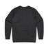 A dark grey sweater with raglan sleeves and a plain back, featuring a branding logo on the neck.