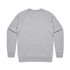 A grey sweater featuring a ribbed neckline and cuffs, with a simple design and a logo on the back.