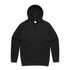 A black hoodie featuring a drawstring hood and a front pocket, with a logo displayed.