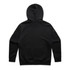A black hoodie with a hood and long sleeves, featuring a plain back design and a logo.
