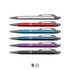 A collection of six metal pens in silver, red, blue, purple, and black, featuring various textured grips and a logo.