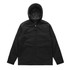 A black heavy hooded jacket featuring a quilted interior and front pockets, with a logo on it.
