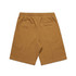 A pair of mustard-coloured sports shorts with an elastic waistband and a back pocket. Features a logo.