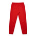 Red track pants with an elastic waistband and a single back pocket, featuring a logo on the waistband.