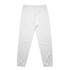 A pair of white track pants with an elastic waistband and a back pocket. The design includes a logo detail.