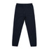 Dark navy track pants with a tapered fit, featuring an elastic waistband and a back pocket. Includes branding.