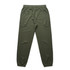 Olive green track pants with an elastic waistband and a back pocket. Features a logo design.