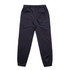 Navy track pants with an elastic waistband and a single back pocket, featuring a logo.