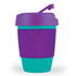 A reusable coffee cup with a purple lid and silicone band, featuring a turquoise base. Includes a logo.