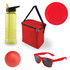A yellow drink bottle, a red cooler bag, a red plate, a red ball, and red sunglasses. The cooler bag has a logo.