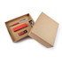 A gift set in a brown box containing a red pen, a red power bank, a red flash drive, and a charging cable.