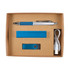 A gift set featuring a silver pen with blue accents, a blue USB flash drive, and a USB cable, all in a cardboard box.
