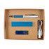 A cardboard gift set featuring a silver pen, blue USB drive, blue rectangular block, and a USB cable.