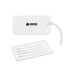 A white luggage tag featuring a clear loop attachment, with spaces for personal information and a logo on one side.