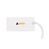 A white luggage tag with a clear attachment and a logo displayed on one side.