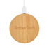 A round bamboo wireless charger in natural wood finish, featuring a logo and connected to a white charging cable.
