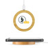 A round bamboo wireless charger in natural tones with a connected cable and a logo on the surface.
