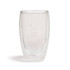 A glass cup with a double wall design, featuring a frosted finish and a logo. Clear and elegant in appearance.
