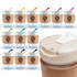 A collection of reusable coffee cups with cork bands and colorful lids, featuring a logo on each cup.